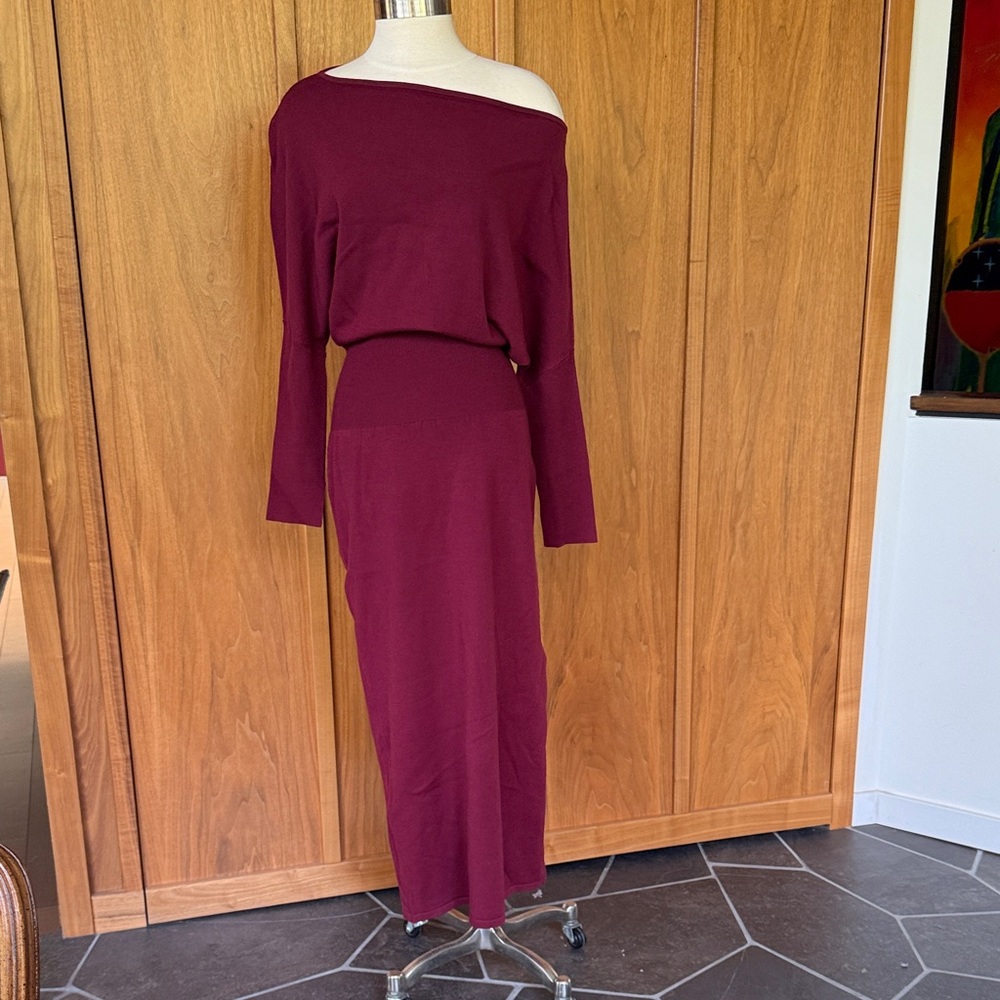 SIMKHAI, Burgundy Off-Shoulder Sweater Dress